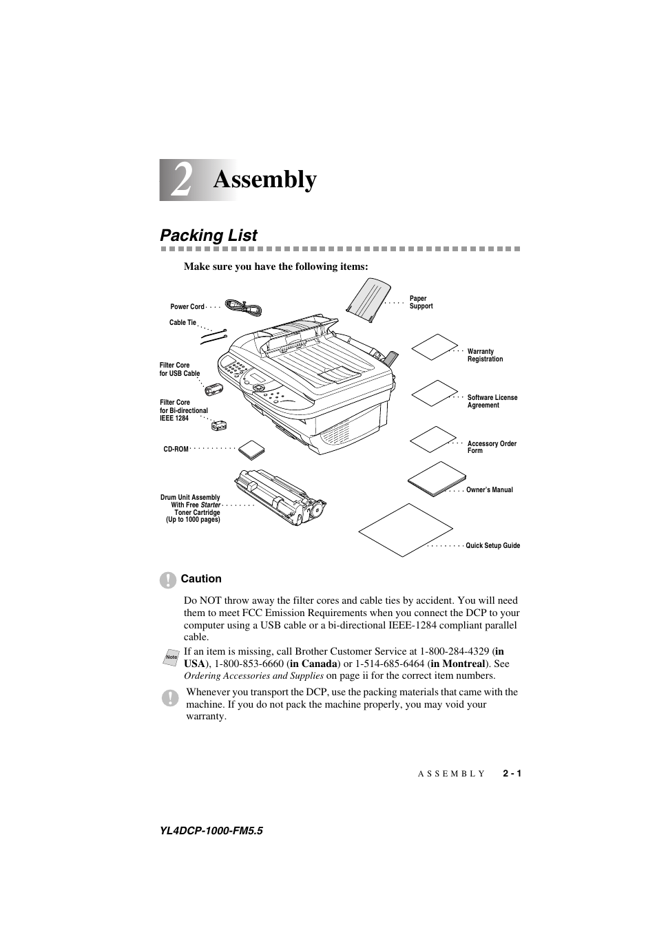 2 assembly, Packing list, Assembly -1 | Packing list -1, Assembly | Brother DCP 1000 User Manual | Page 21 / 129