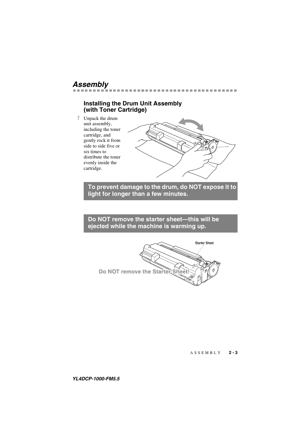 Assembly, Assembly -3, Installing the drum unit assembly | With toner cartridge) -3 | Brother DCP 1000 User Manual | Page 23 / 129