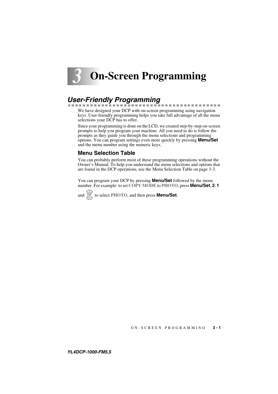 3 on-screen programming, User-friendly programming, Menu selection table | On-screen programming -1, User-friendly programming -1, Menu selection table -1, On-screen programming | Brother DCP 1000 User Manual | Page 29 / 129