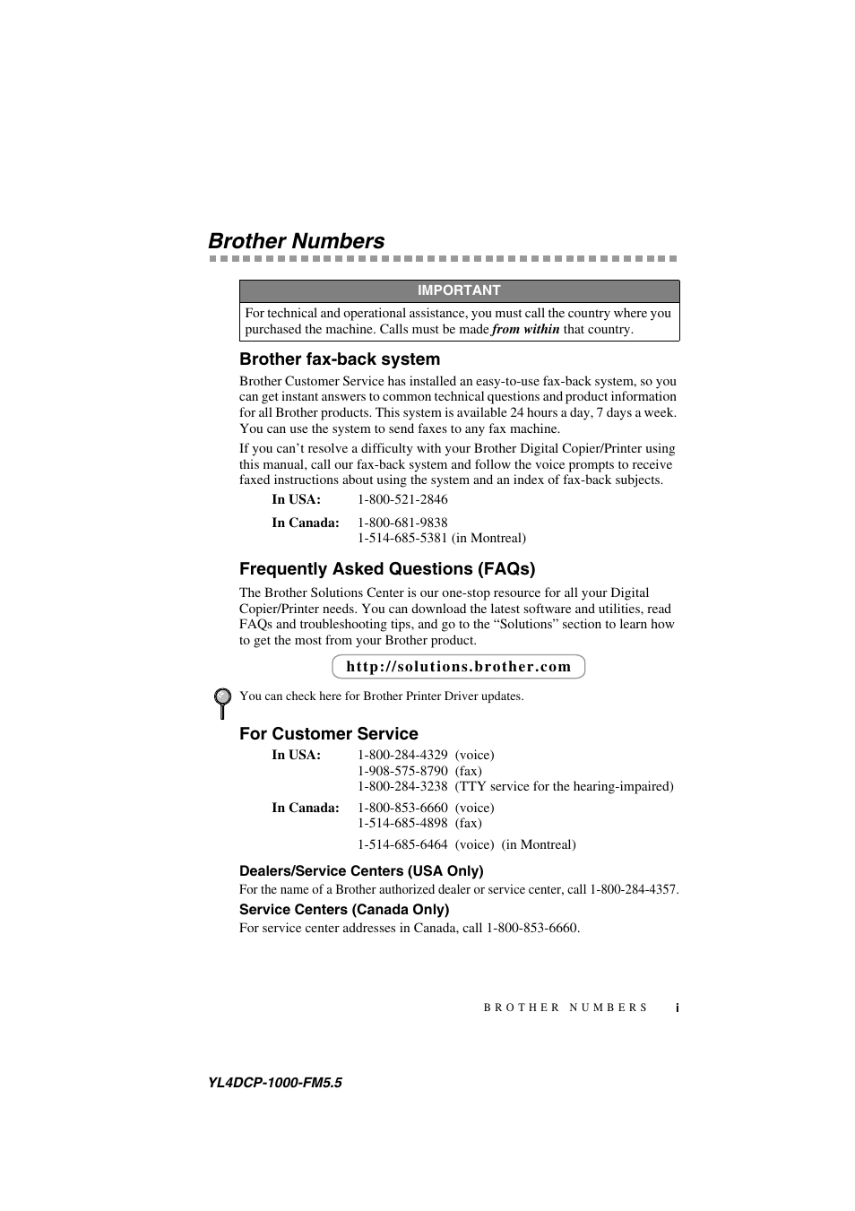 Brother numbers, Brother fax-back system, Frequently asked questions (faqs) | For customer service, Dealers/service centers (usa only), Service centers (canada only) | Brother DCP 1000 User Manual | Page 3 / 129