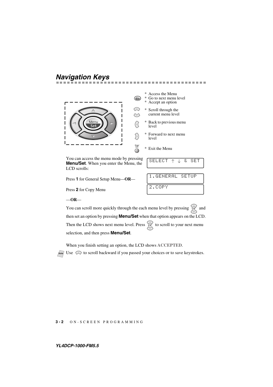 Navigation keys, Navigation keys -2 | Brother DCP 1000 User Manual | Page 30 / 129