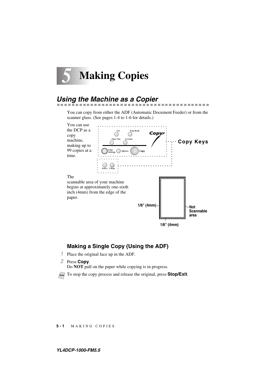5 making copies, Using the machine as a copier, Making a single copy (using the adf) | Making copies -1, Using the machine as a copier -1, Making a single copy (using the adf) -1, Making copies | Brother DCP 1000 User Manual | Page 36 / 129