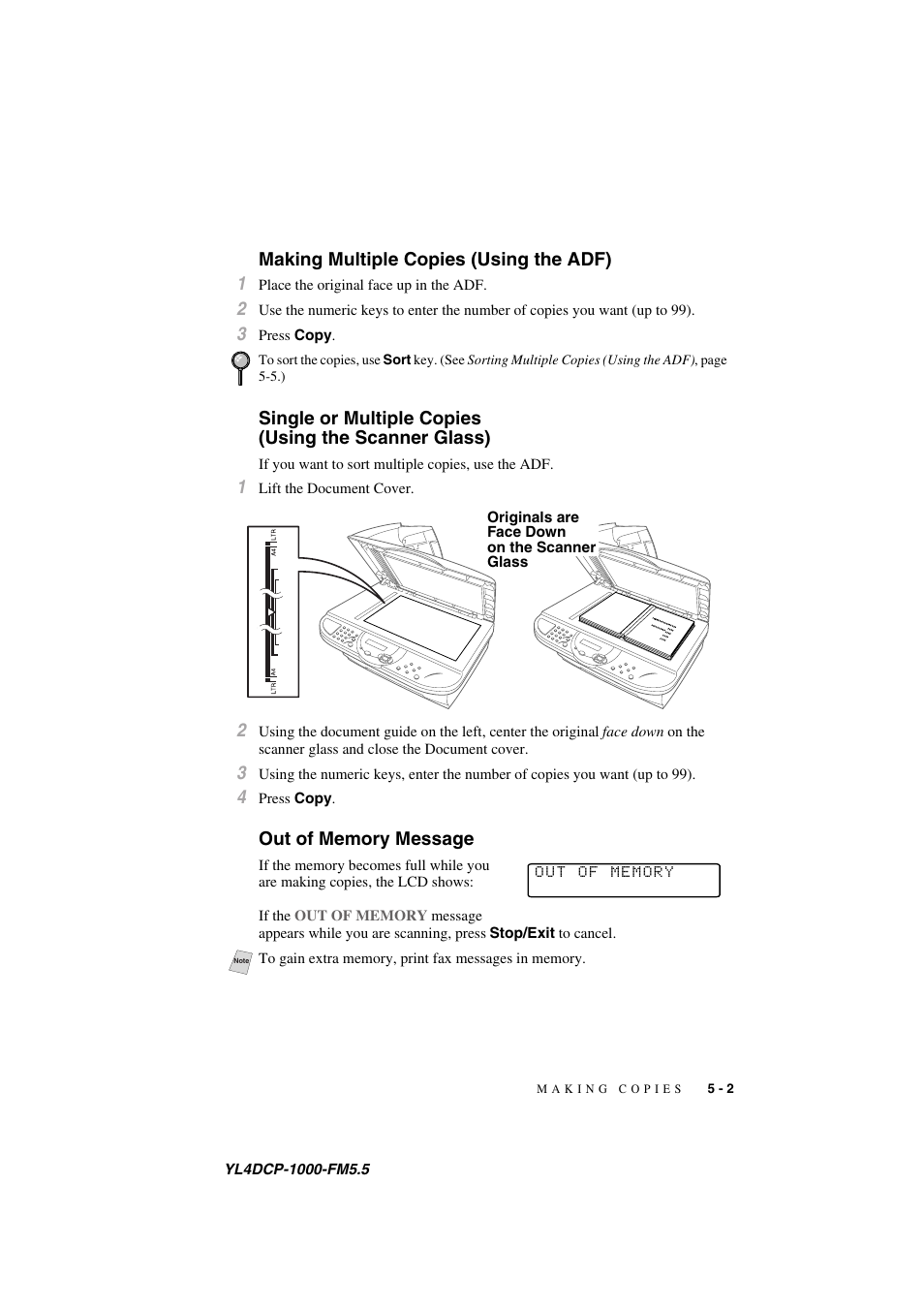 Making multiple copies (using the adf), Out of memory message, Using the scanner glass) -2 | Out of memory message -2, Making multiple copies (using the adf) 1 | Brother DCP 1000 User Manual | Page 37 / 129