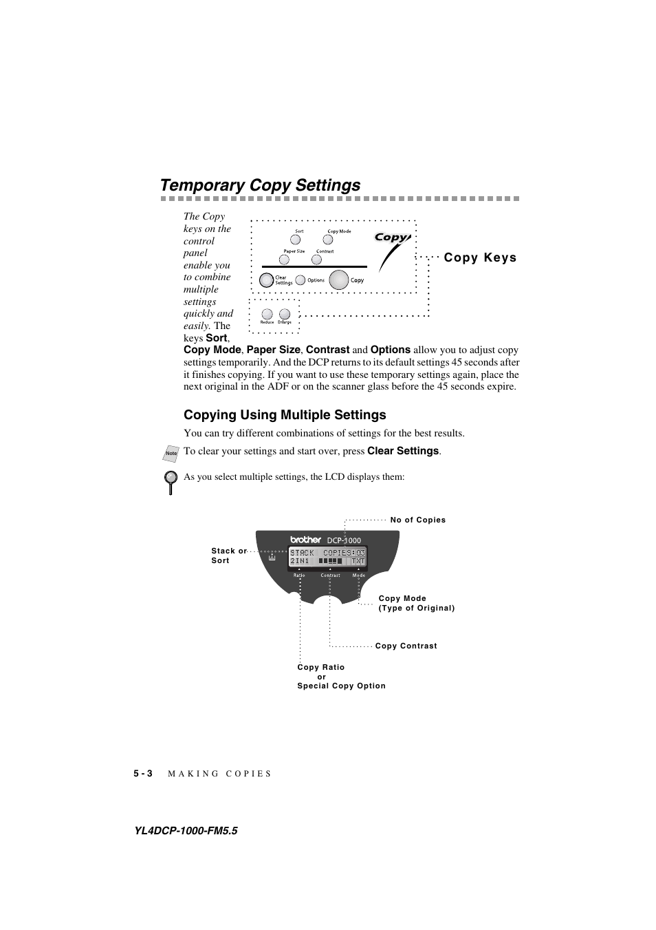 Temporary copy settings, Copying using multiple settings, Temporary copy settings -3 | Copying using multiple settings -3 | Brother DCP 1000 User Manual | Page 38 / 129