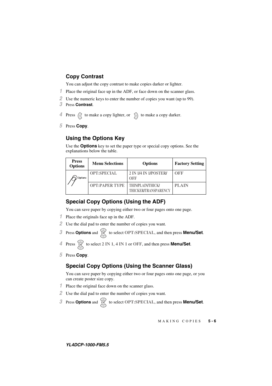 Copy contrast, Using the options key, Special copy options (using the adf) | Special copy options (using the scanner glass) | Brother DCP 1000 User Manual | Page 41 / 129
