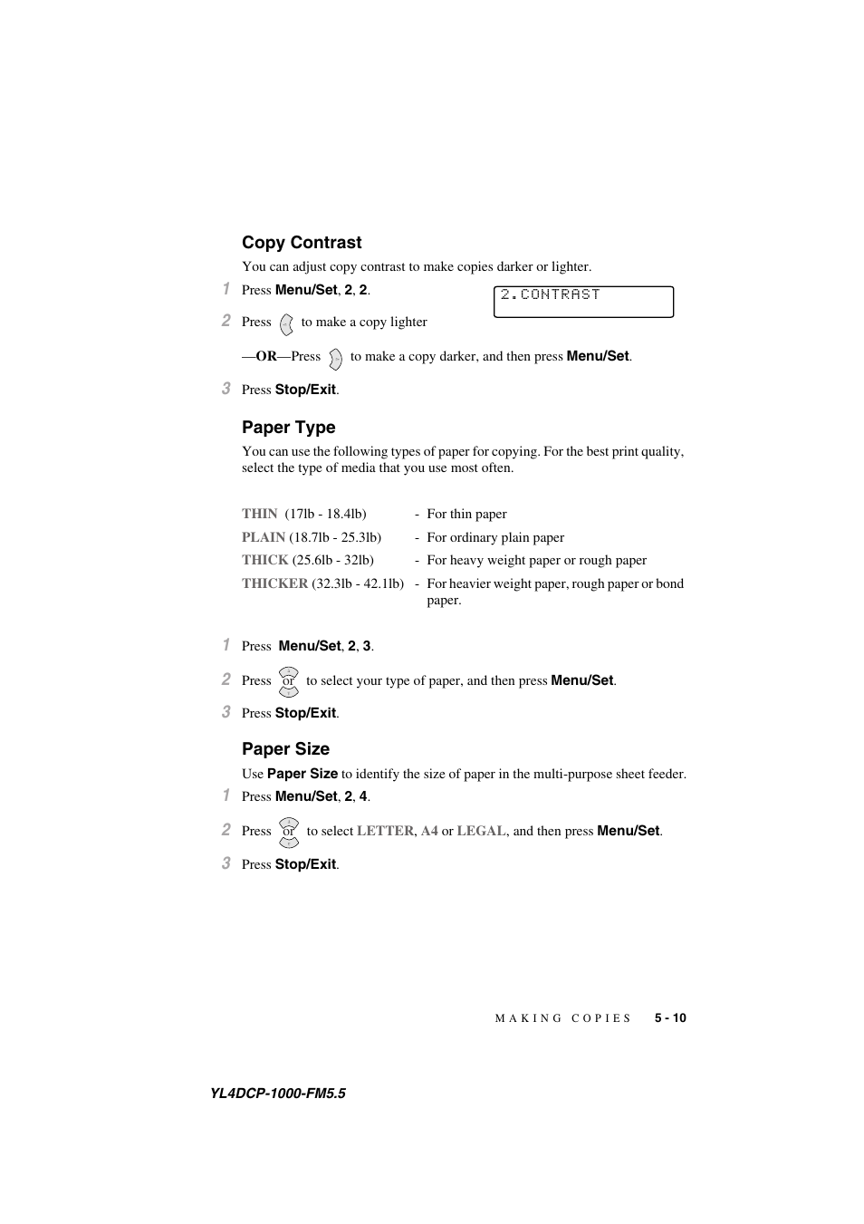 Copy contrast, Paper type, Paper size | Copy contrast -10 paper type -10 paper size -10 | Brother DCP 1000 User Manual | Page 45 / 129