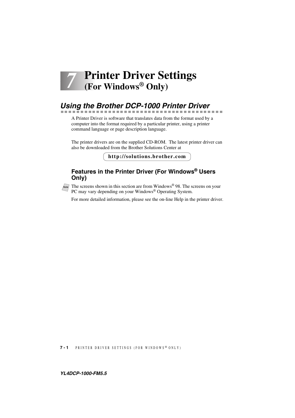 7 printer driver settings (for windows® only), Using the brother dcp-1000 printer driver, Printer driver settings (for windows | Only) -1, Using the brother dcp-1000 printer driver -1, Features in the printer driver (for windows, Users only) -1, Printer driver settings, For windows, Only) | Brother DCP 1000 User Manual | Page 50 / 129