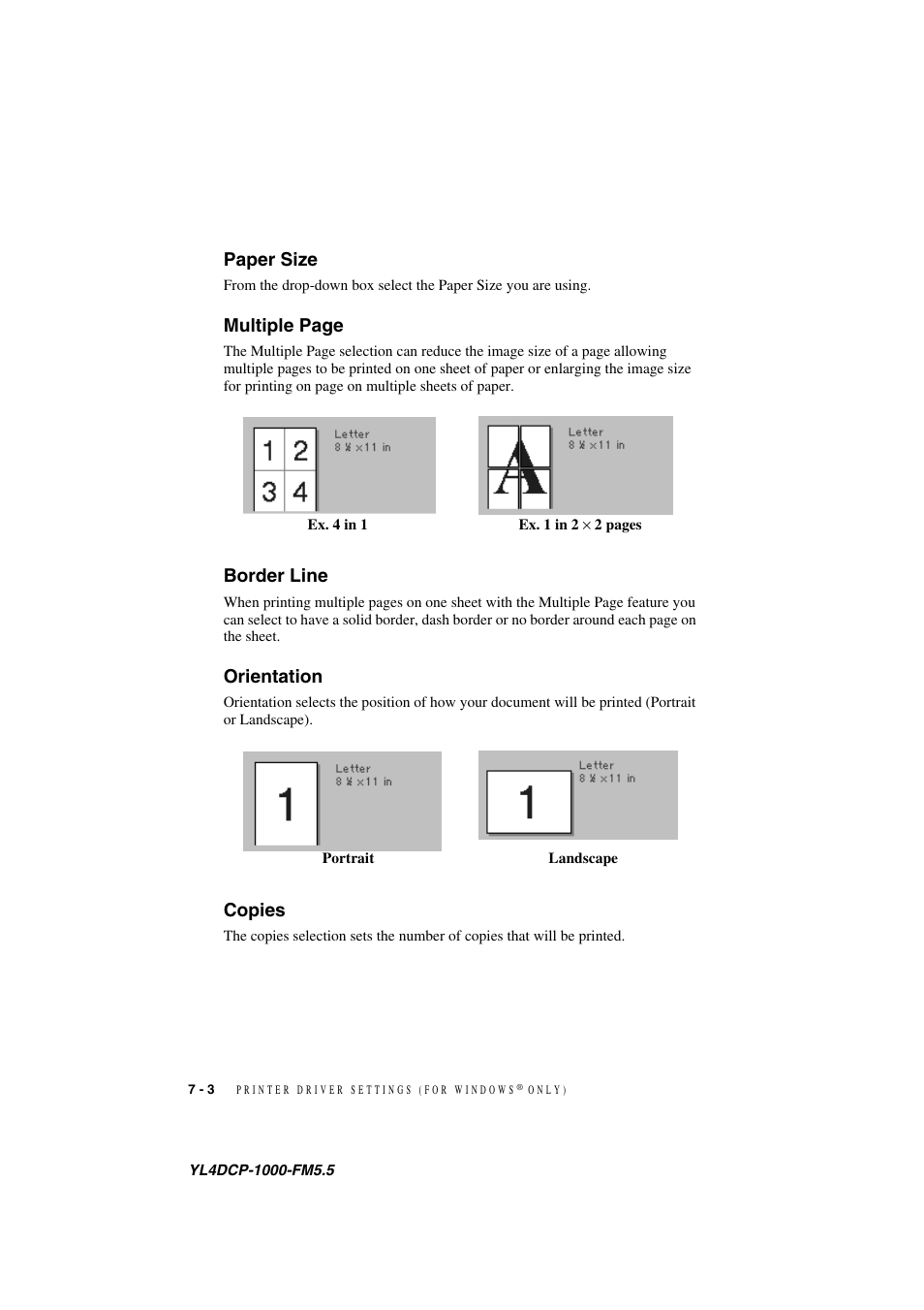 Paper size, Border line, Orientation | Copies, Multiple page | Brother DCP 1000 User Manual | Page 52 / 129