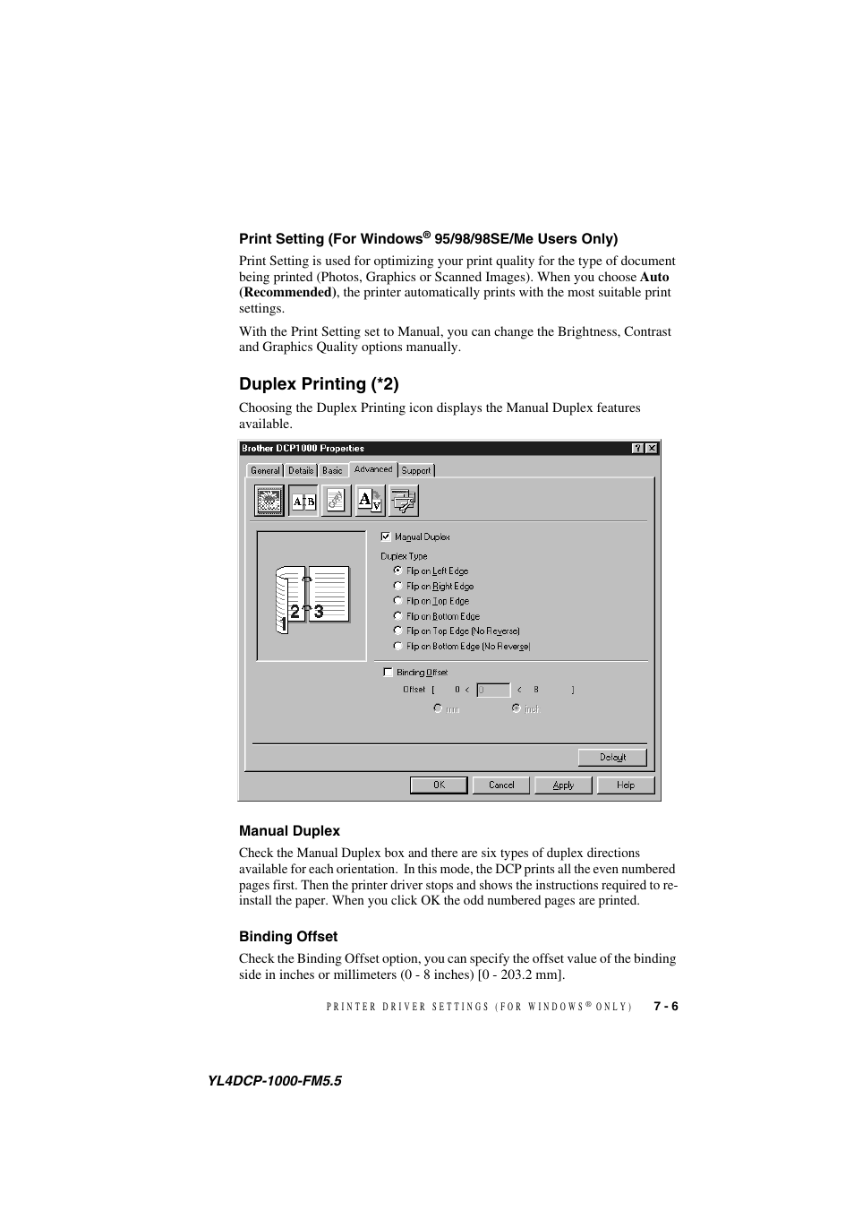 Duplex printing (*2), Manual duplex, Binding offset | Print setting (for windows, 95/98/98se/me users only) -6, Duplex printing (*2) -6, Manual duplex -6 binding offset -6 | Brother DCP 1000 User Manual | Page 55 / 129