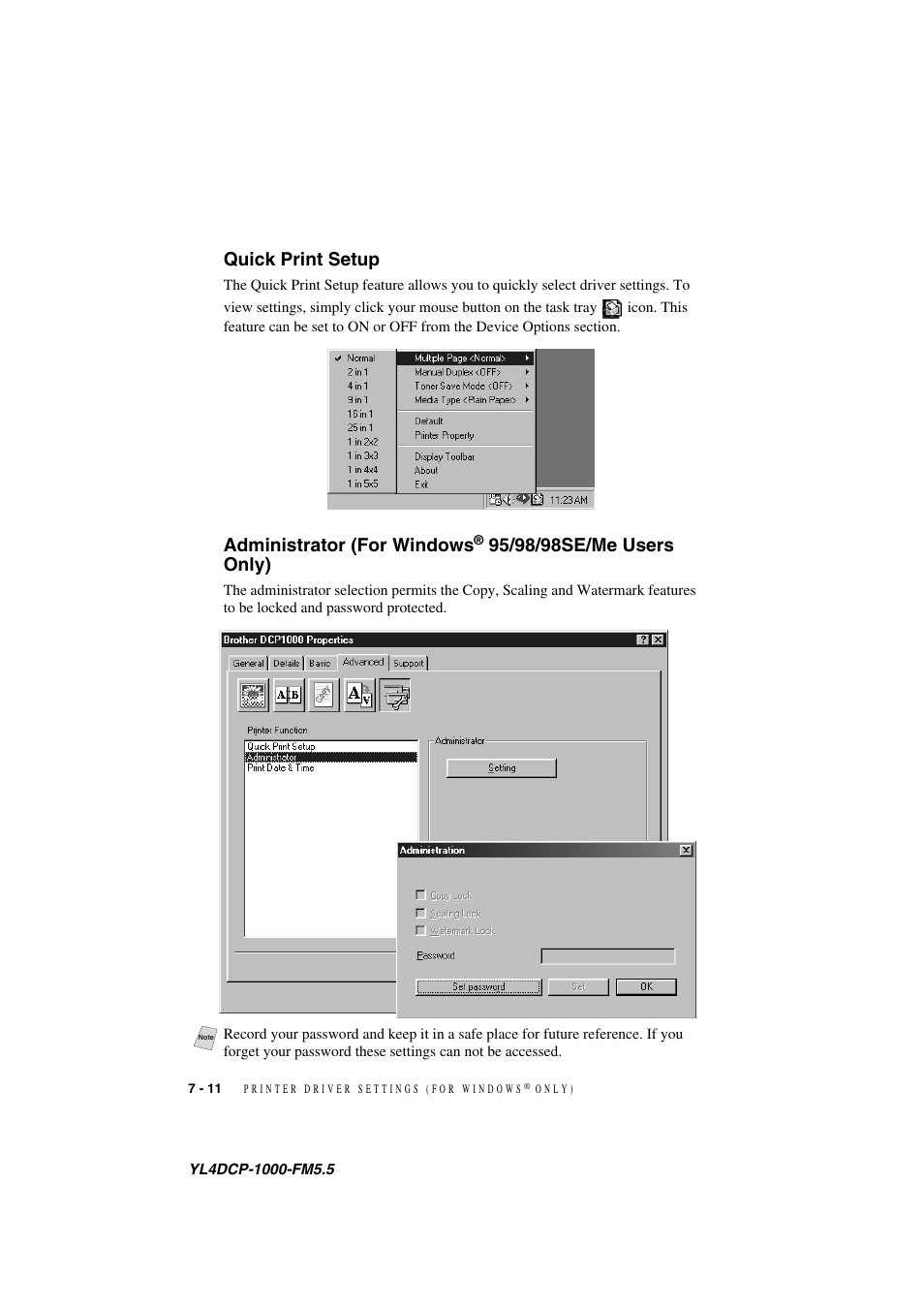Quick print setup, Quick print setup -11 administrator (for windows, 95/98/98se/me users only) -11 | Administrator (for windows | Brother DCP 1000 User Manual | Page 60 / 129
