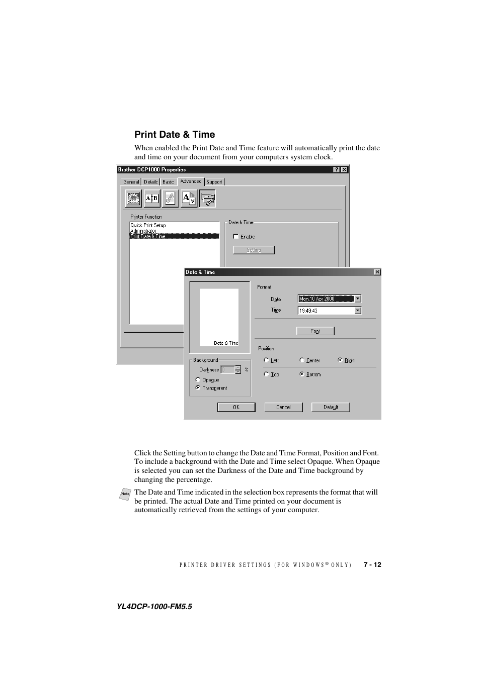 Print date & time, Print date & time -12 | Brother DCP 1000 User Manual | Page 61 / 129