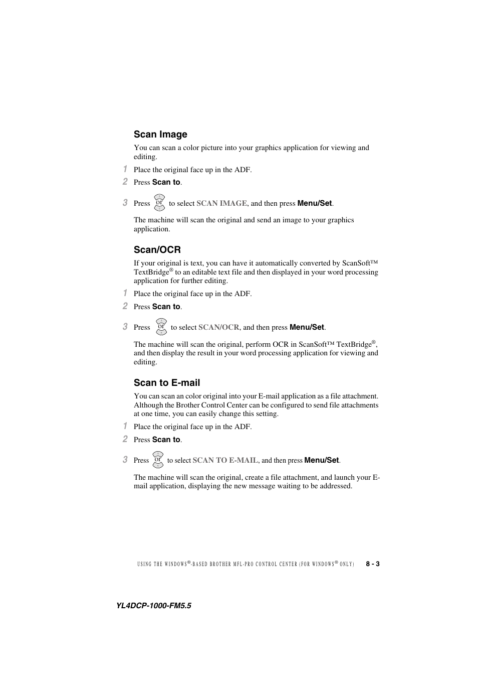 Scan image, Scan/ocr, Scan to e-mail | Scan image -3 scan/ocr -3 scan to e-mail -3 | Brother DCP 1000 User Manual | Page 65 / 129