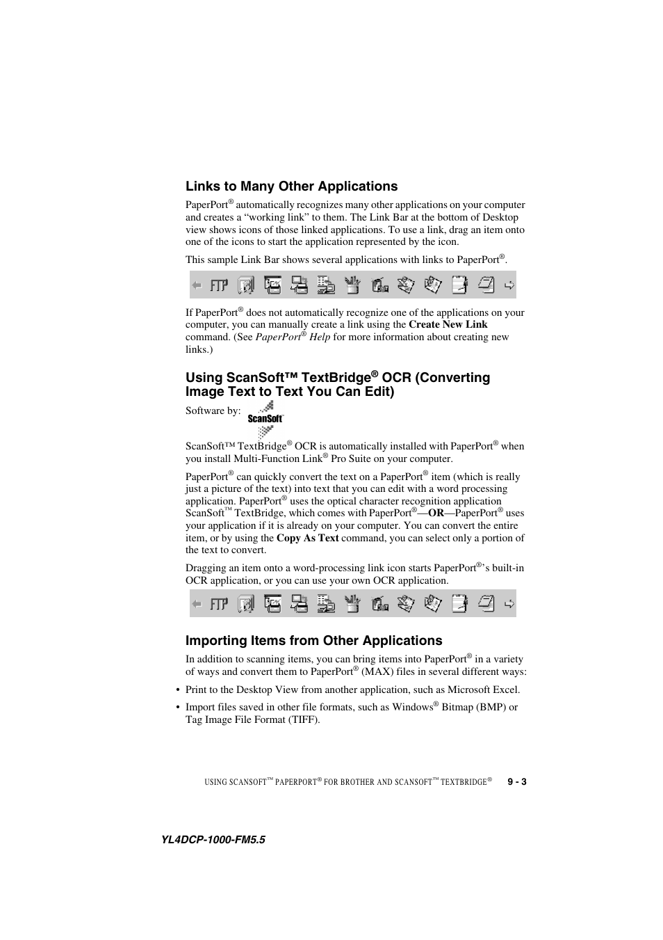 Links to many other applications, Importing items from other applications, Links to many other applications -3 using scansoft | Textbridge, Converting image text to text you can edit) -3, Importing items from other applications -3, Using scansoft™ textbridge, Ocr (converting image text to text you can edit) | Brother DCP 1000 User Manual | Page 79 / 129