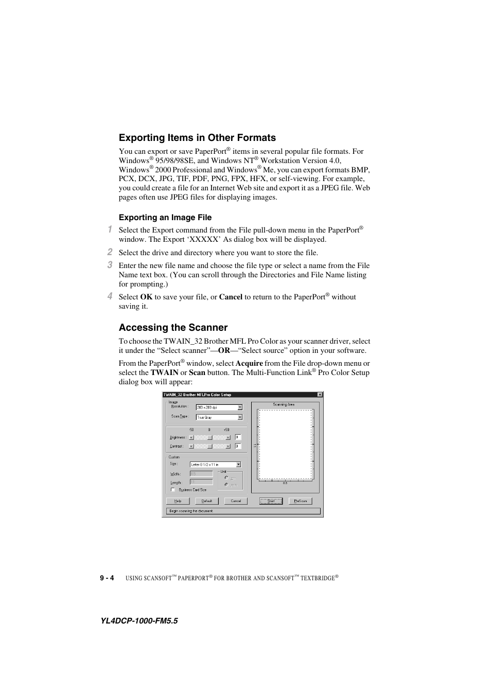 Exporting items in other formats, Exporting an image file, Accessing the scanner | Exporting items in other formats -4, Exporting an image file -4, Accessing the scanner -4 | Brother DCP 1000 User Manual | Page 80 / 129