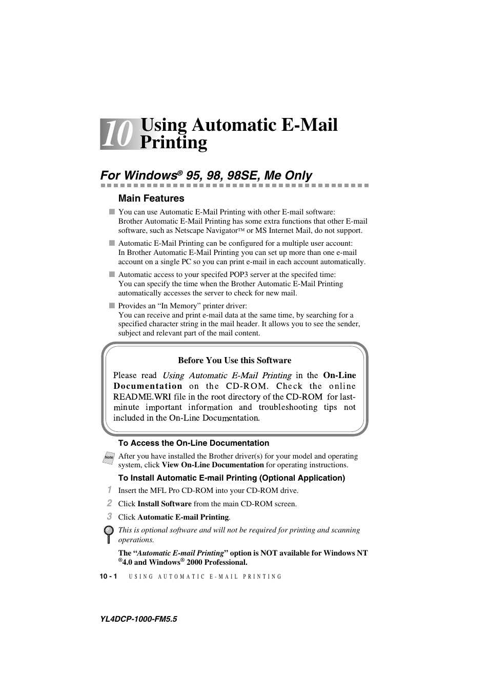 10 using automatic e-mail printing, For windows® 95, 98, 98se, me only, Main features | To access the on-line documentation, Using automatic e-mail printing -1, For windows, 95, 98, 98se, me only -1, Main features -1, Optional application) -1, Using automatic e-mail printing | Brother DCP 1000 User Manual | Page 84 / 129