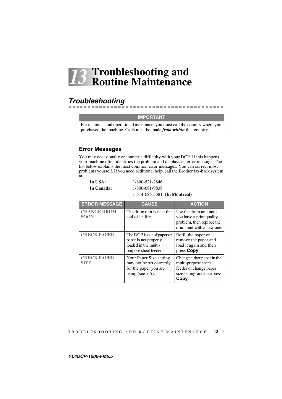 13 troubleshooting and routine maintenance, Troubleshooting, Error messages | Troubleshooting and routine maintenance -1, Troubleshooting -1, Error messages -1, Troubleshooting and routine maintenance | Brother DCP 1000 User Manual | Page 99 / 129