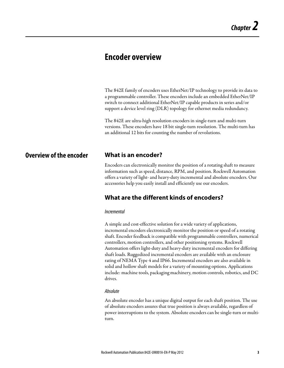 2 - encoder overview, Overview of the encoder, What is an encoder | What are the different kinds of encoders, Incremental, Absolute, Chapter 2, Encoder overview | Rockwell Automation 842E EtherNet/IP Absolute Encoder User Manual User Manual | Page 11 / 80