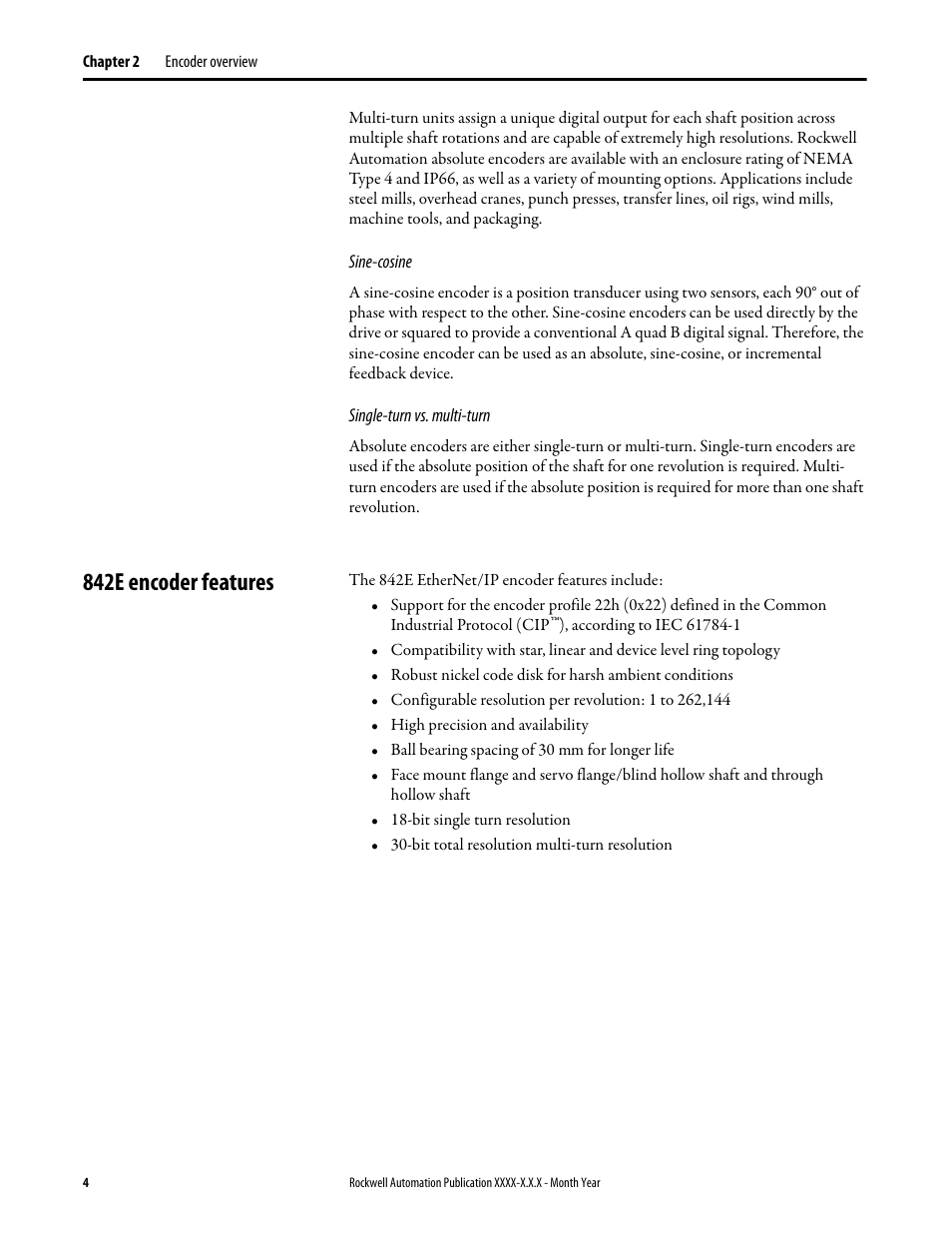 Sine-cosine, Single-turn vs. multi-turn, 842e encoder features | Rockwell Automation 842E EtherNet/IP Absolute Encoder User Manual User Manual | Page 12 / 80