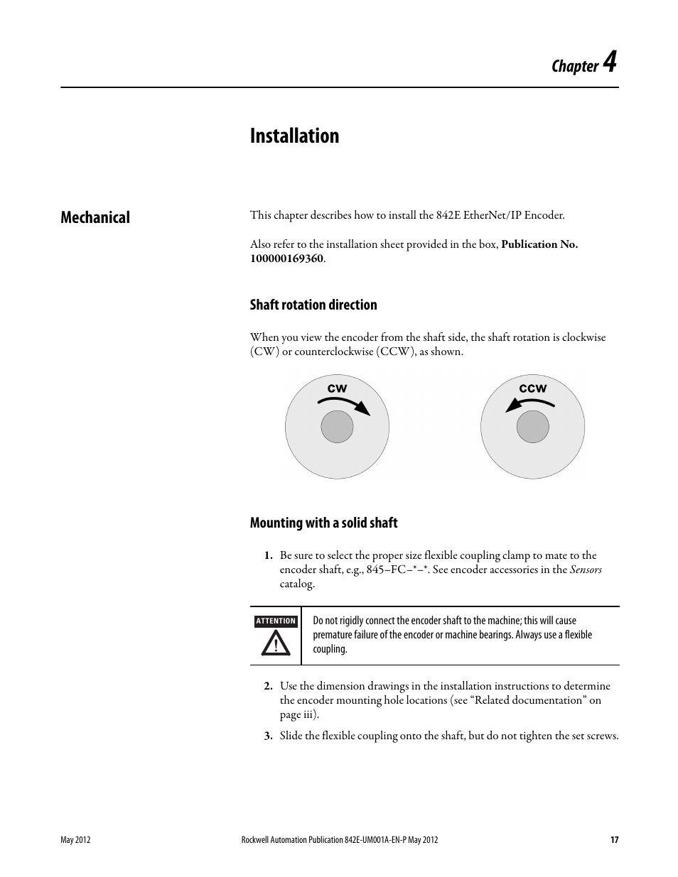 4 - installation, Mechanical, Shaft rotation direction | Mounting with a solid shaft, Chapter 4, Installation, Chapter | Rockwell Automation 842E EtherNet/IP Absolute Encoder User Manual User Manual | Page 25 / 80