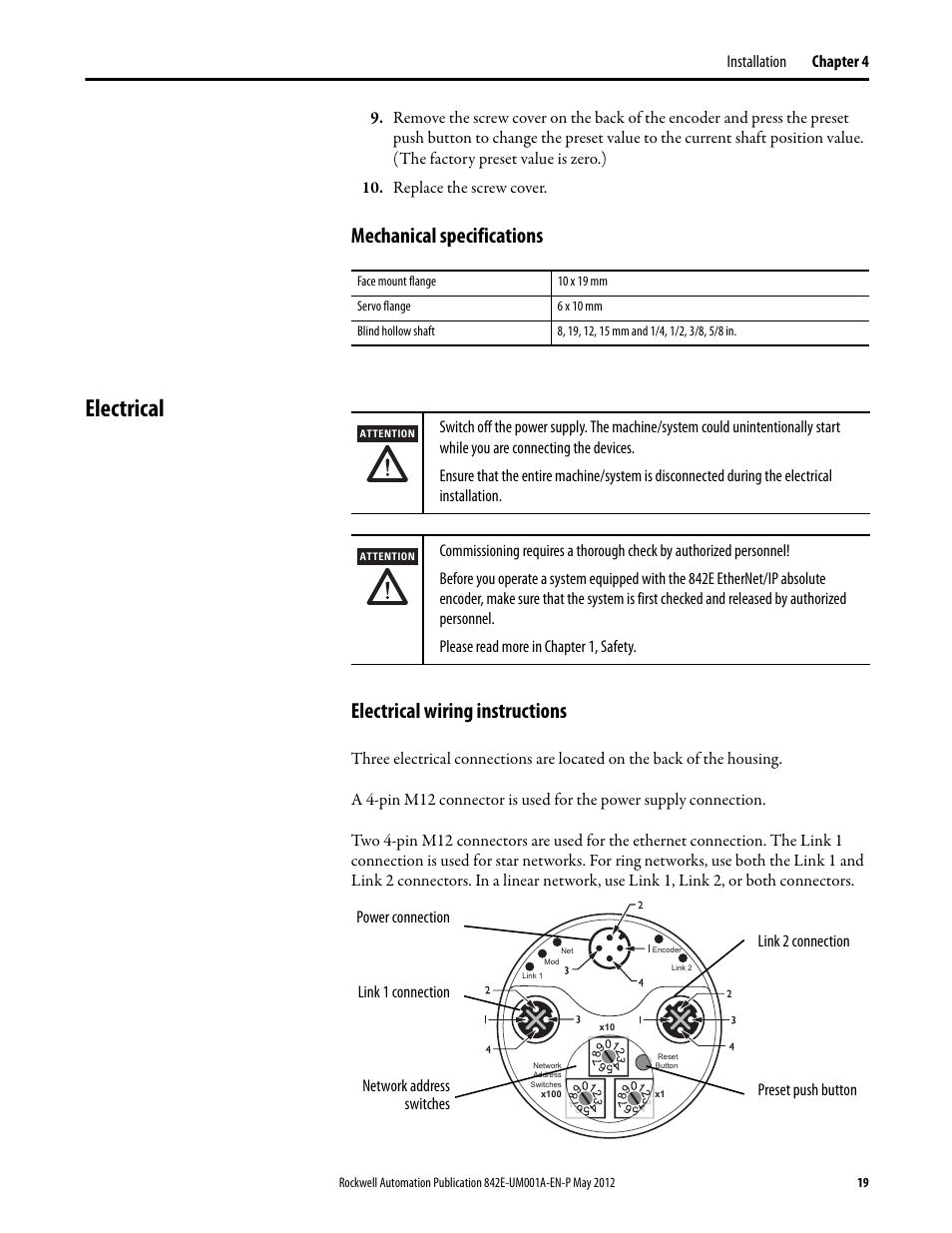 Mechanical specifications, Electrical, Electrical wiring instructions | Rockwell Automation 842E EtherNet/IP Absolute Encoder User Manual User Manual | Page 27 / 80