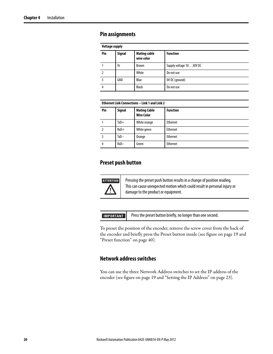 Pin assignments, Preset push button, Network address switches | Pin assignments preset push button | Rockwell Automation 842E EtherNet/IP Absolute Encoder User Manual User Manual | Page 28 / 80