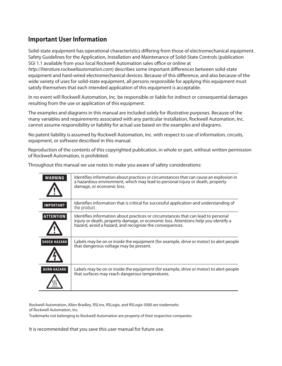 Important user information | Rockwell Automation 842E EtherNet/IP Absolute Encoder User Manual User Manual | Page 3 / 80