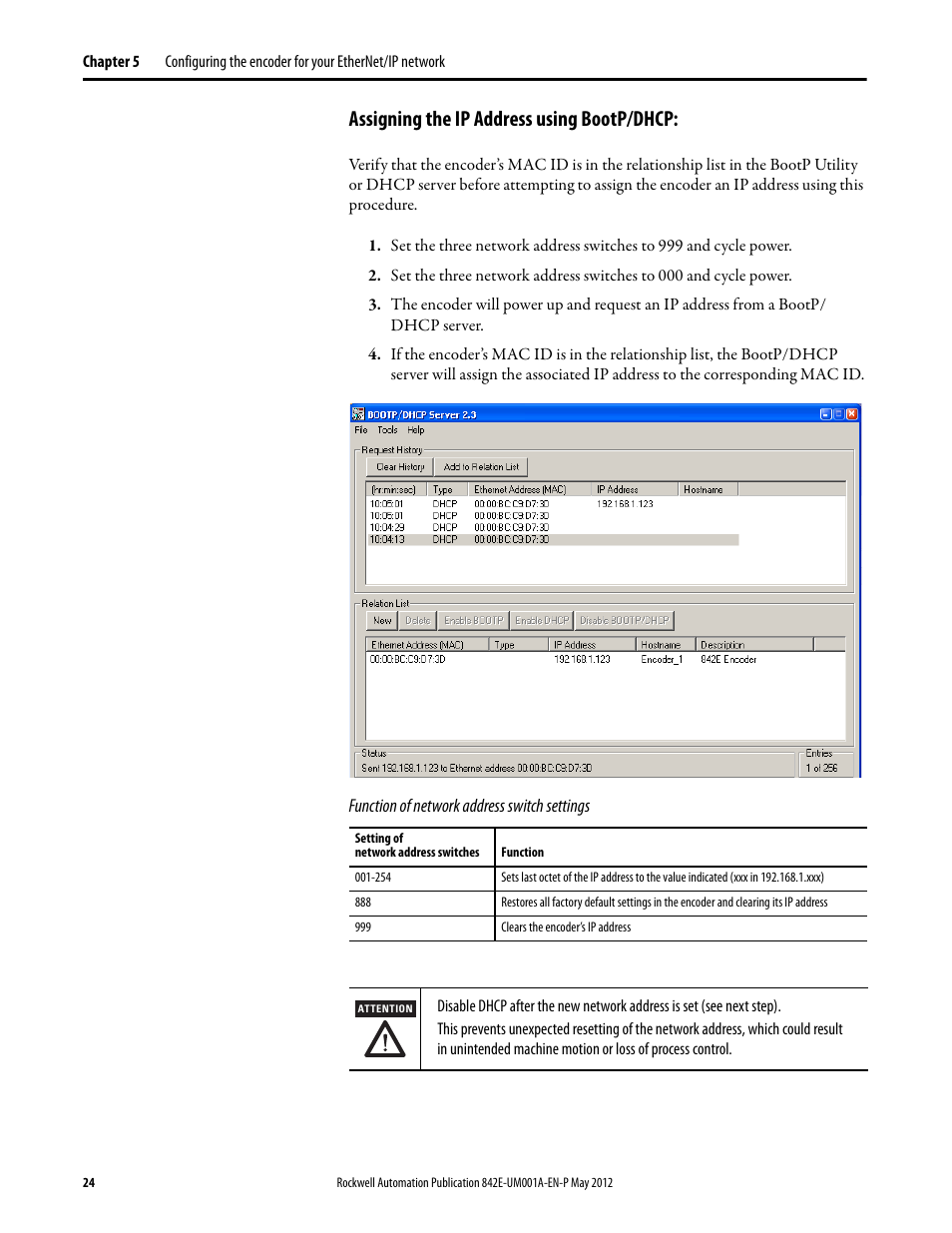 Assigning the ip address using bootp/dhcp, Function of network address switch settings | Rockwell Automation 842E EtherNet/IP Absolute Encoder User Manual User Manual | Page 32 / 80