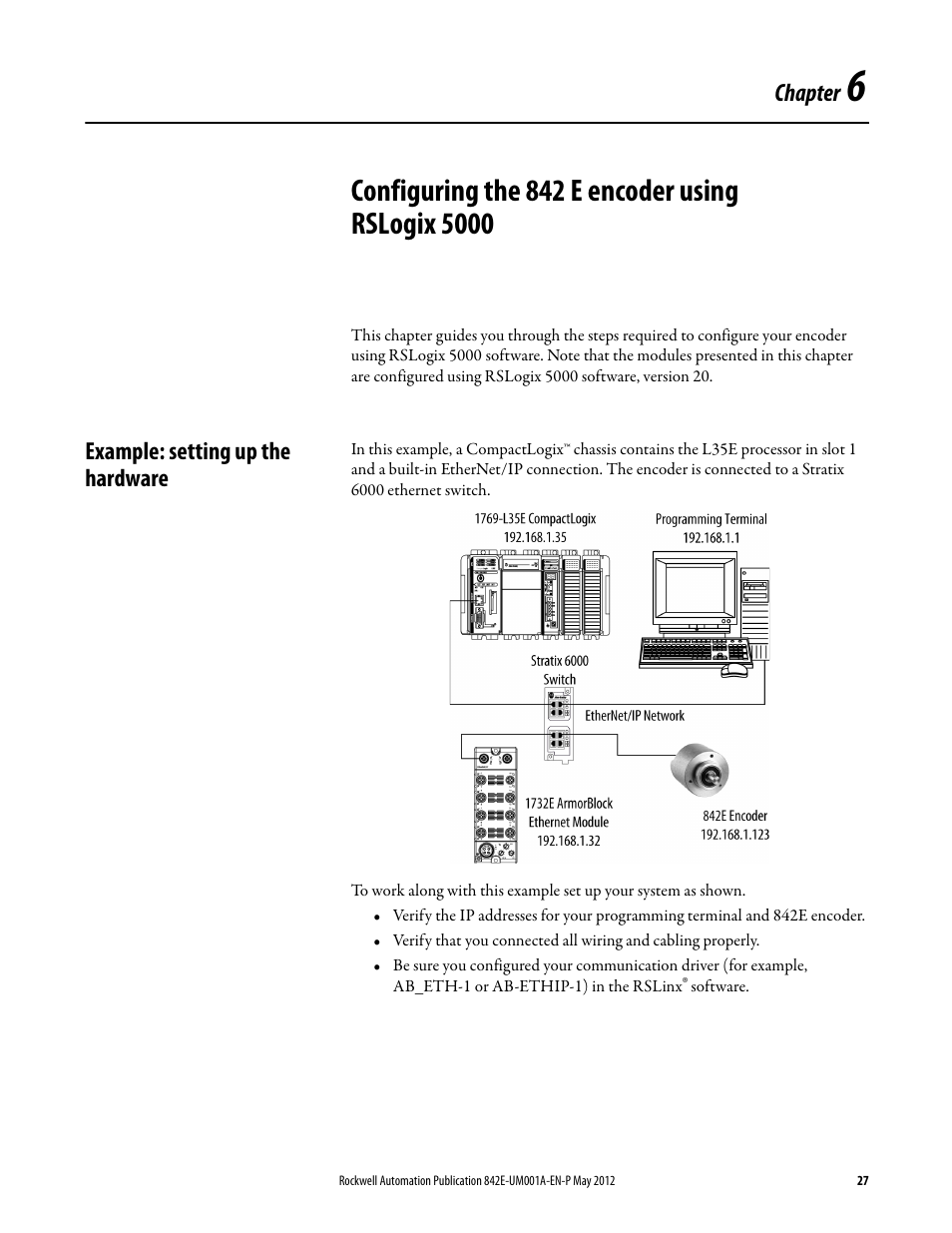 Example: setting up the hardware, Chapter 6, Configuring the 842 e encoder using rslogix 5000 | Chapter | Rockwell Automation 842E EtherNet/IP Absolute Encoder User Manual User Manual | Page 35 / 80