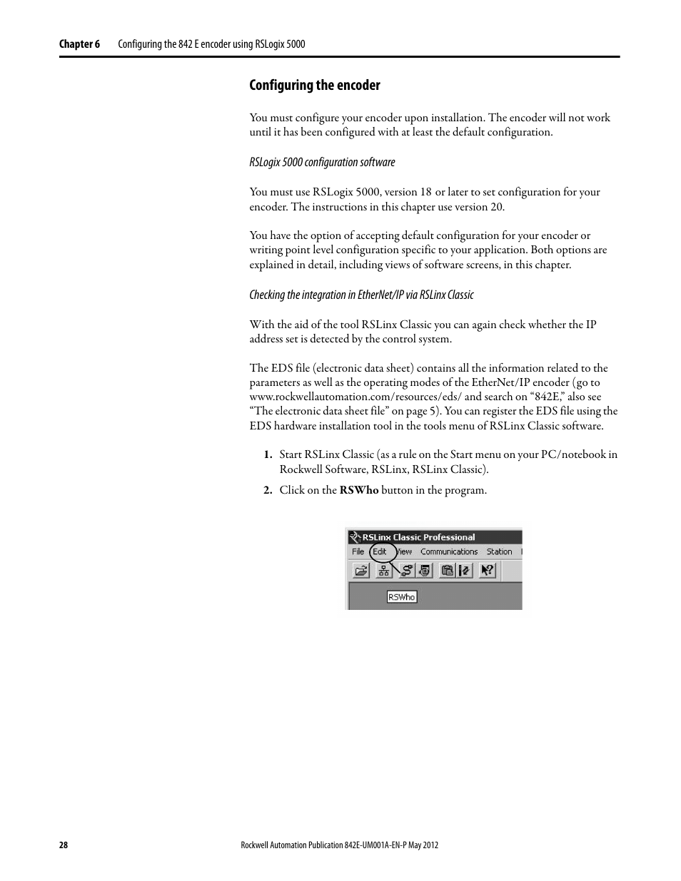 Configuring the encoder, Rslogix 5000 configuration software | Rockwell Automation 842E EtherNet/IP Absolute Encoder User Manual User Manual | Page 36 / 80