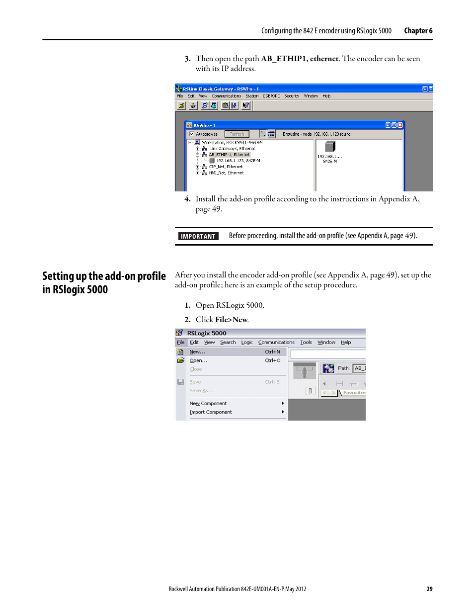 Setting up the add-on profile in rslogix 5000 | Rockwell Automation 842E EtherNet/IP Absolute Encoder User Manual User Manual | Page 37 / 80