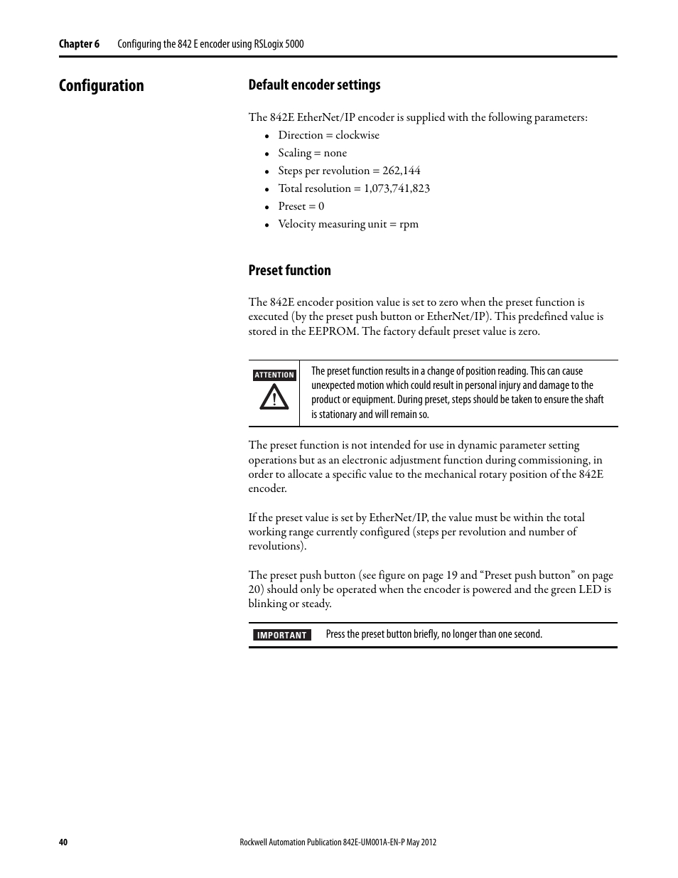 Configuration, Default encoder settings, Preset function | Default encoder settings preset function | Rockwell Automation 842E EtherNet/IP Absolute Encoder User Manual User Manual | Page 48 / 80