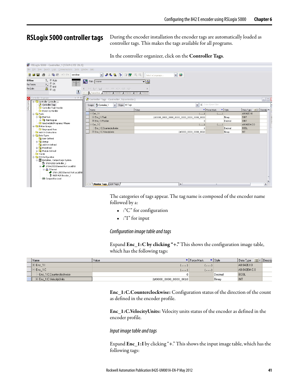 Rslogix 5000 controller tags, Configuration image table and tags, Input image table and tags | Rockwell Automation 842E EtherNet/IP Absolute Encoder User Manual User Manual | Page 49 / 80