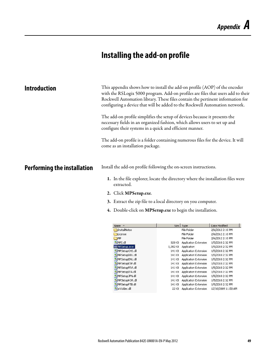 Appendix a - installing the add-on profile, Introduction, Performing the installation | Appendix a, Installing the add-on profile, Introduction performing the installation, 49), set u, Appendix | Rockwell Automation 842E EtherNet/IP Absolute Encoder User Manual User Manual | Page 57 / 80