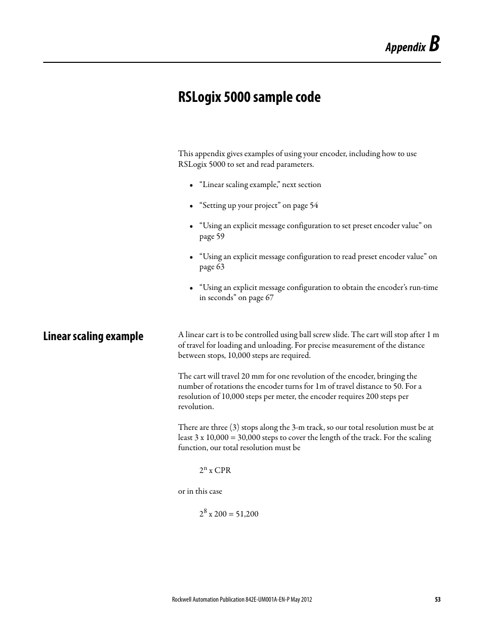 Appendix b - rslogix 5000 sample code, Linear scaling example, Appendix b | Rslogix 5000 sample code, Appendix | Rockwell Automation 842E EtherNet/IP Absolute Encoder User Manual User Manual | Page 61 / 80