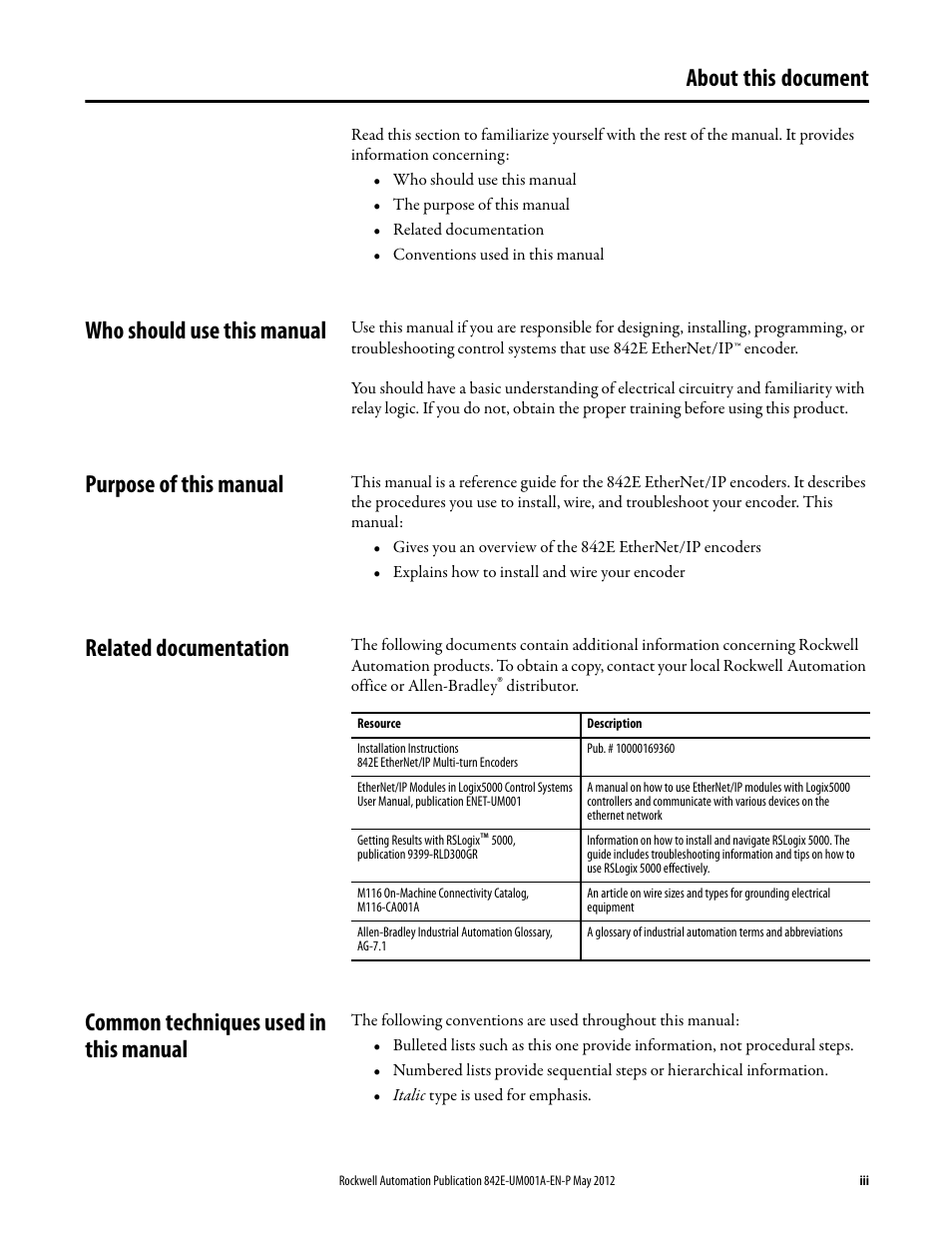 About this document, Who should use this manual, Purpose of this manual | Related documentation, Common techniques used in this manual | Rockwell Automation 842E EtherNet/IP Absolute Encoder User Manual User Manual | Page 7 / 80
