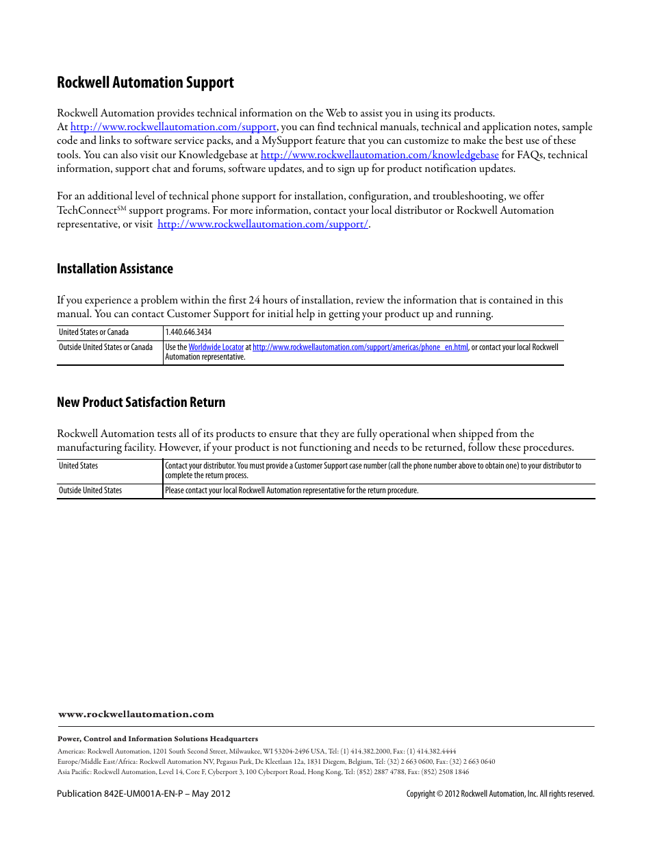 Back cover, Rockwell automation support, Installation assistance | New product satisfaction return | Rockwell Automation 842E EtherNet/IP Absolute Encoder User Manual User Manual | Page 80 / 80