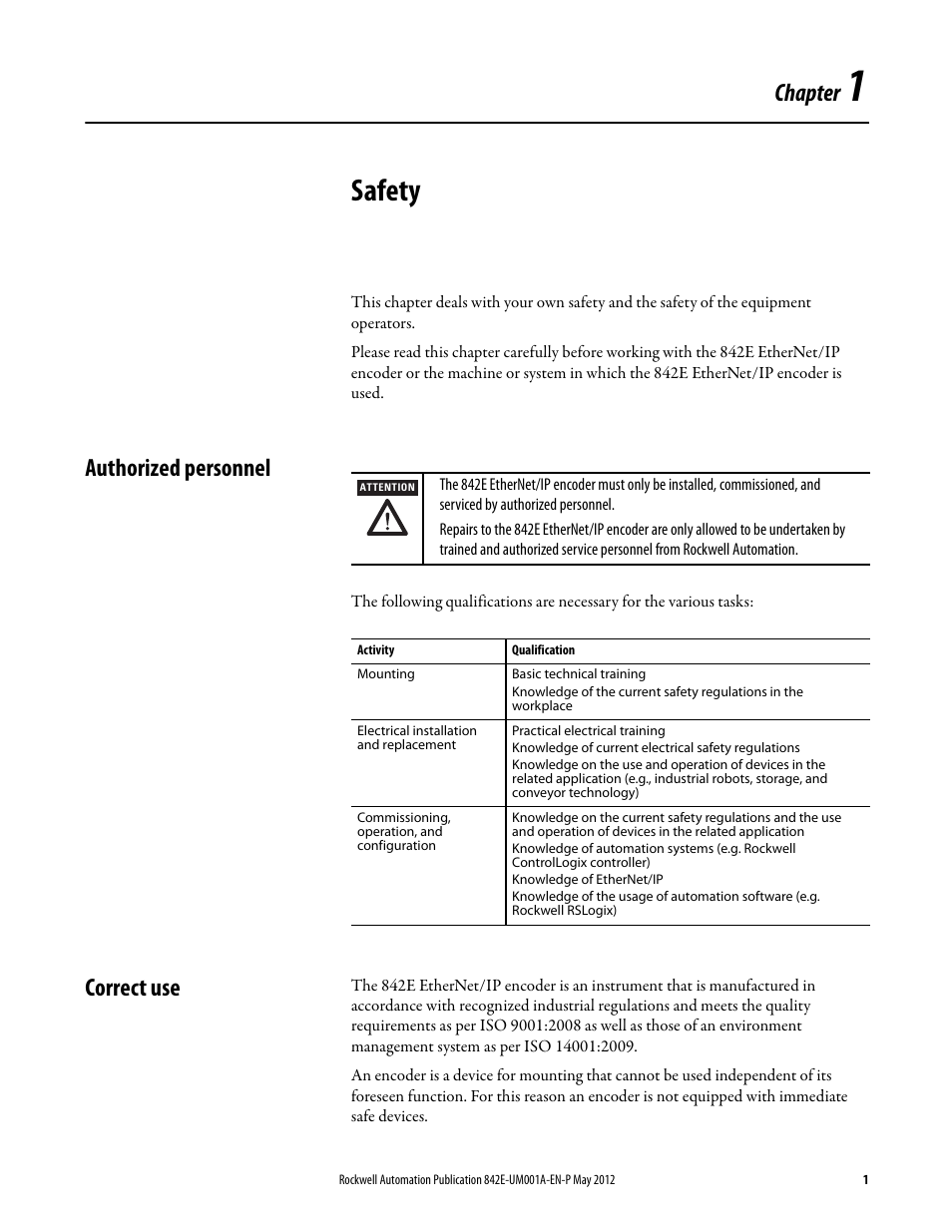 1 - safety, Authorized personnel, Correct use | Chapter 1, Safety, Authorized personnel correct use, Chapter | Rockwell Automation 842E EtherNet/IP Absolute Encoder User Manual User Manual | Page 9 / 80