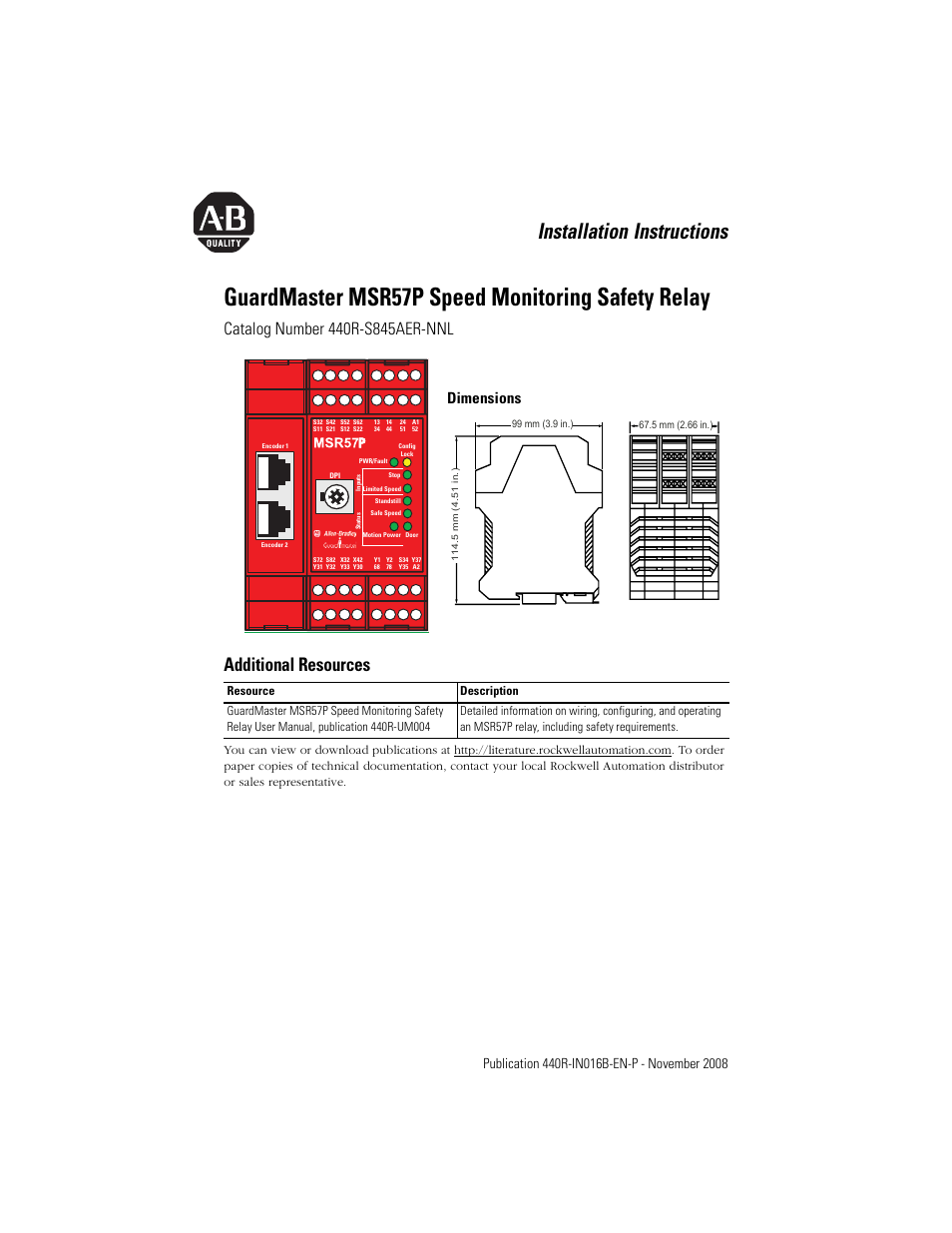 Rockwell Automation 440R-S845AER-NNL MSR57P GuardMaster Speed Monitoring Safety Relay User Manual | 12 pages