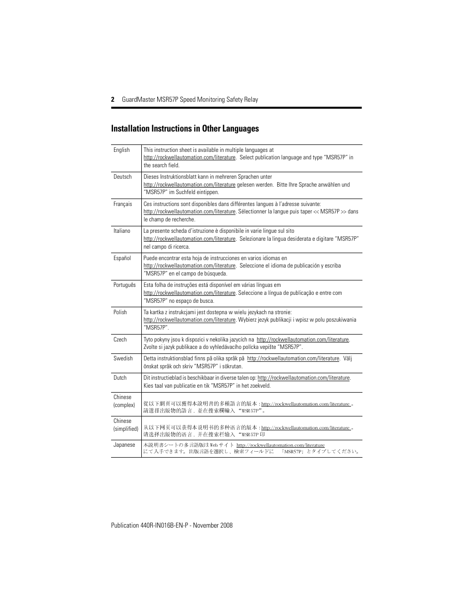 Installation instructions in other languages | Rockwell Automation 440R-S845AER-NNL MSR57P GuardMaster Speed Monitoring Safety Relay User Manual | Page 2 / 12