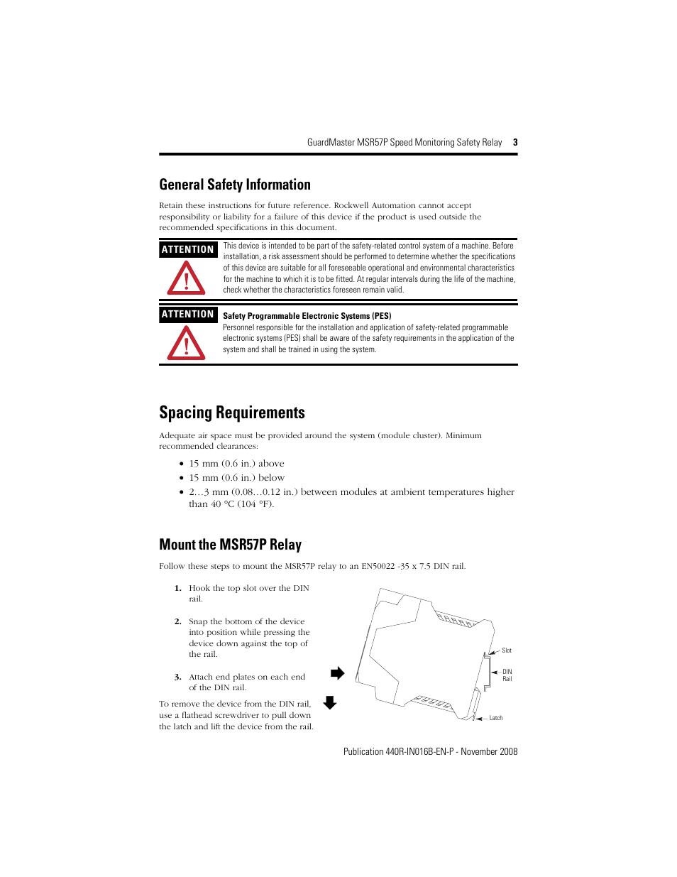 General safety information, Mount the msr57p relay, Spacing requirements | Rockwell Automation 440R-S845AER-NNL MSR57P GuardMaster Speed Monitoring Safety Relay User Manual | Page 3 / 12