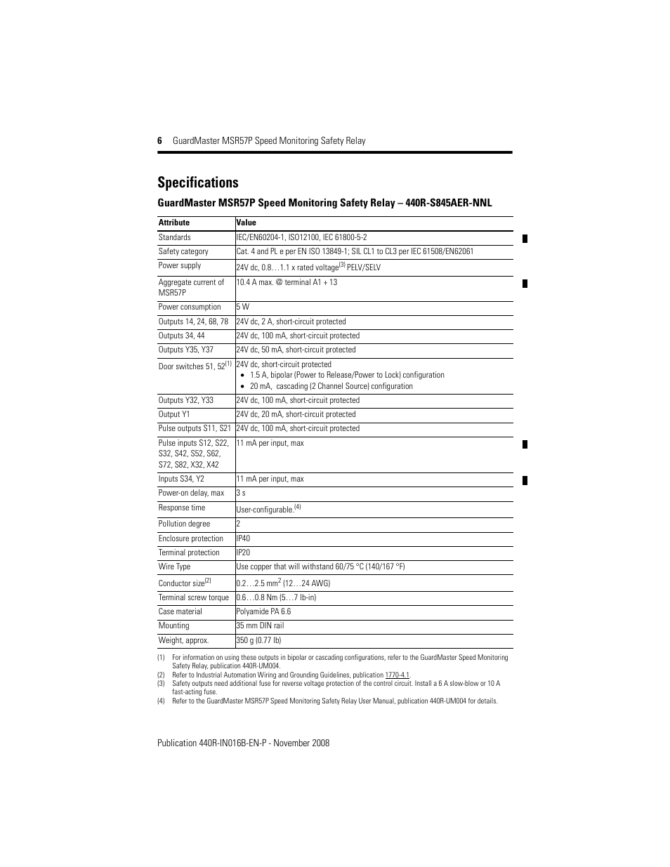 Specifications | Rockwell Automation 440R-S845AER-NNL MSR57P GuardMaster Speed Monitoring Safety Relay User Manual | Page 6 / 12