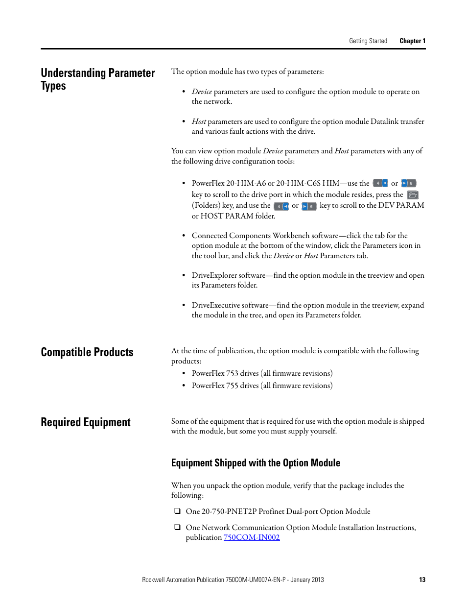 Understanding parameter types, Compatible products, Required equipment | Equipment shipped with the option module | Rockwell Automation 20-750-PNET2P Profinet Dual Port Option Module User Manual | Page 13 / 100