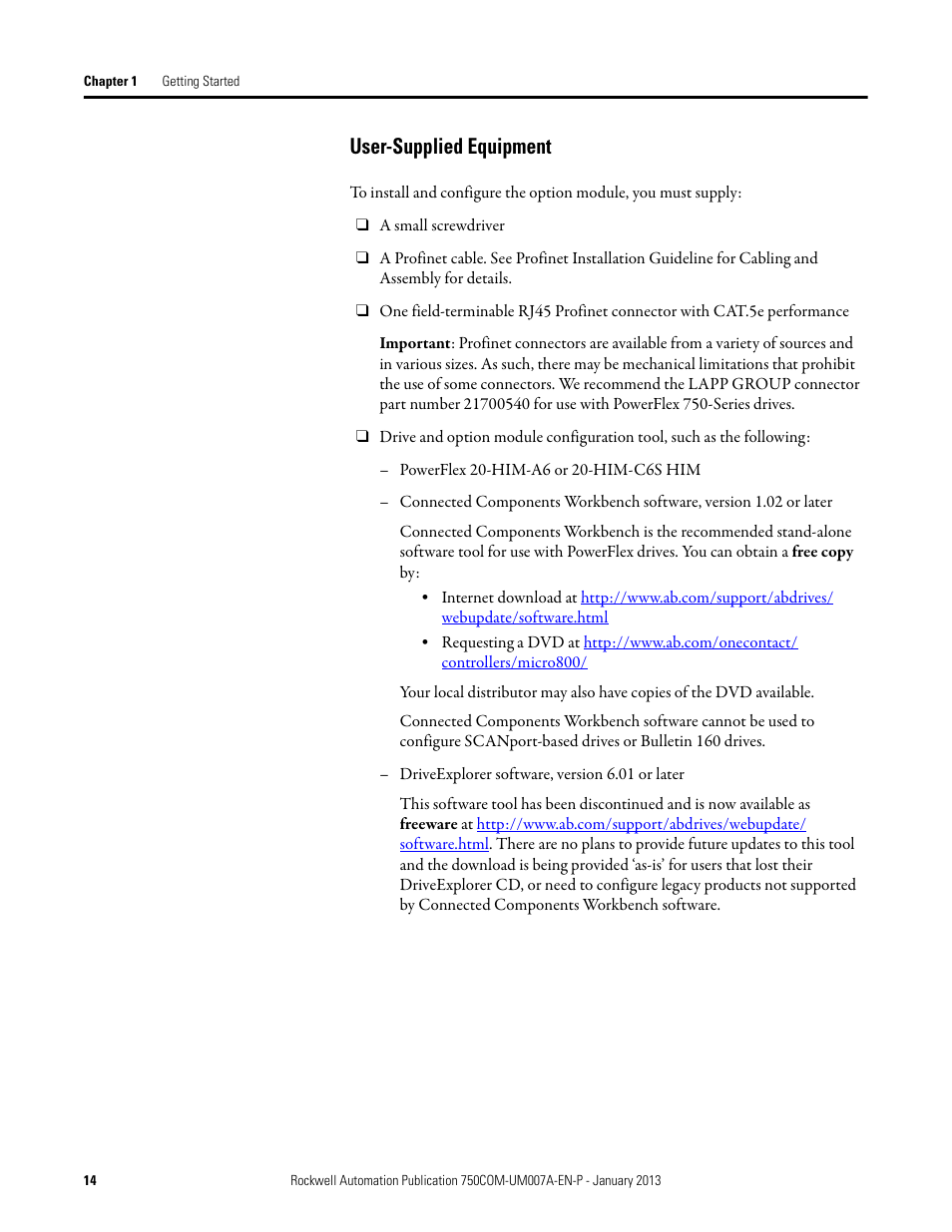 User-supplied equipment | Rockwell Automation 20-750-PNET2P Profinet Dual Port Option Module User Manual | Page 14 / 100