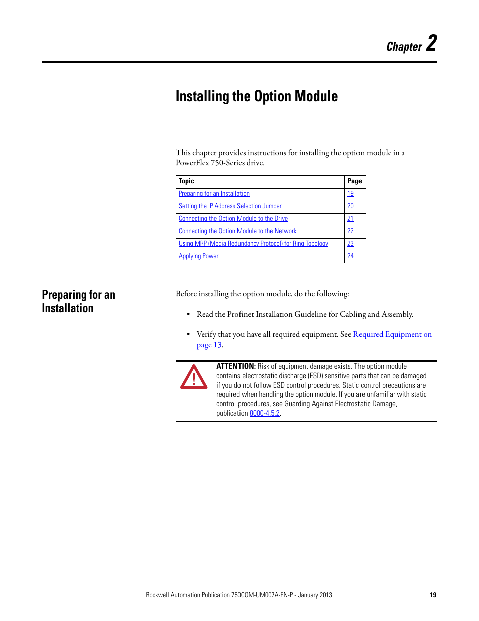 Chapter 2, Installing the option module, Preparing for an installation | Rockwell Automation 20-750-PNET2P Profinet Dual Port Option Module User Manual | Page 19 / 100
