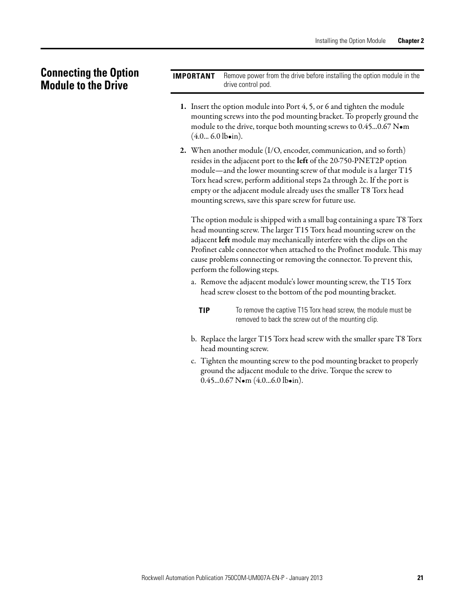 Connecting the option module to the drive | Rockwell Automation 20-750-PNET2P Profinet Dual Port Option Module User Manual | Page 21 / 100