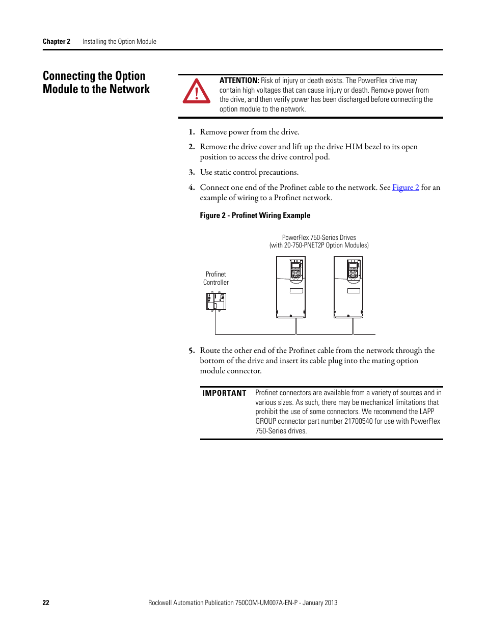 Connecting the option module to the network | Rockwell Automation 20-750-PNET2P Profinet Dual Port Option Module User Manual | Page 22 / 100