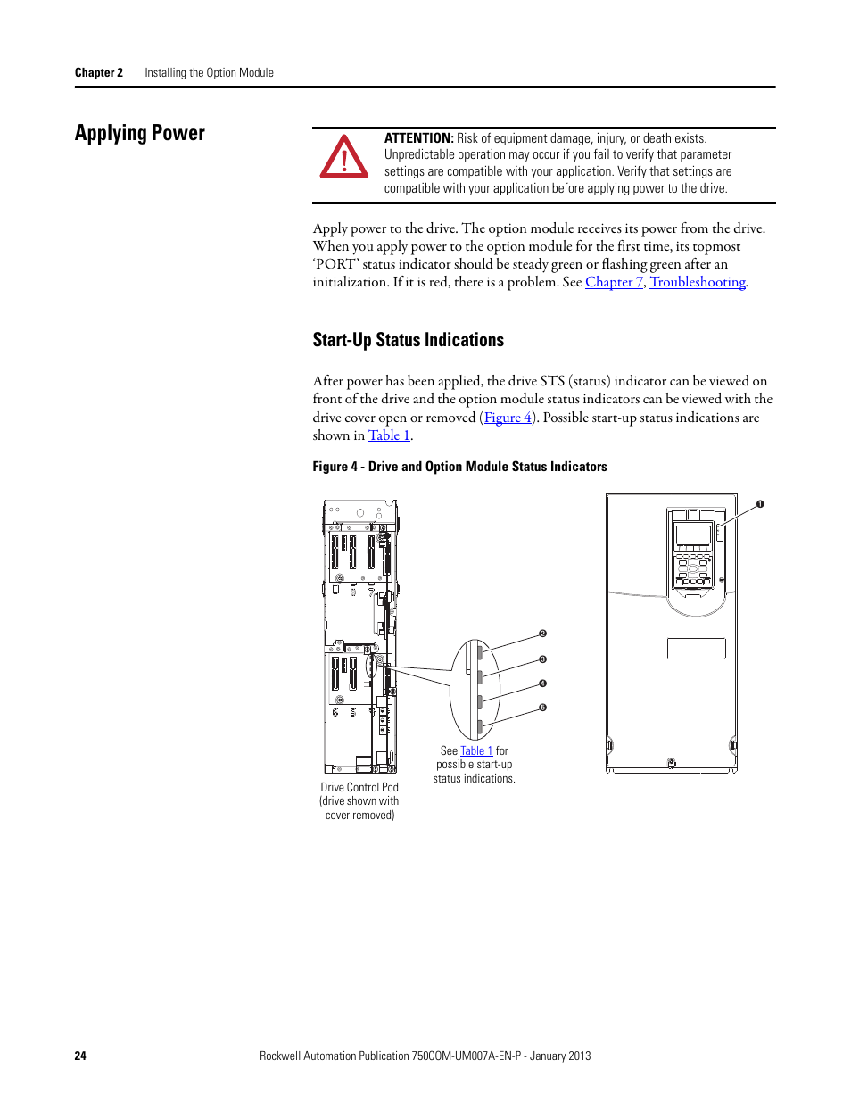 Applying power, Start-up status indications | Rockwell Automation 20-750-PNET2P Profinet Dual Port Option Module User Manual | Page 24 / 100