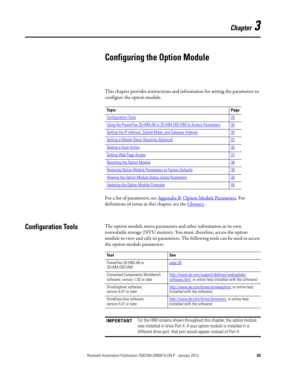 Chapter 3, Configuring the option module, Configuration tools | Rockwell Automation 20-750-PNET2P Profinet Dual Port Option Module User Manual | Page 29 / 100