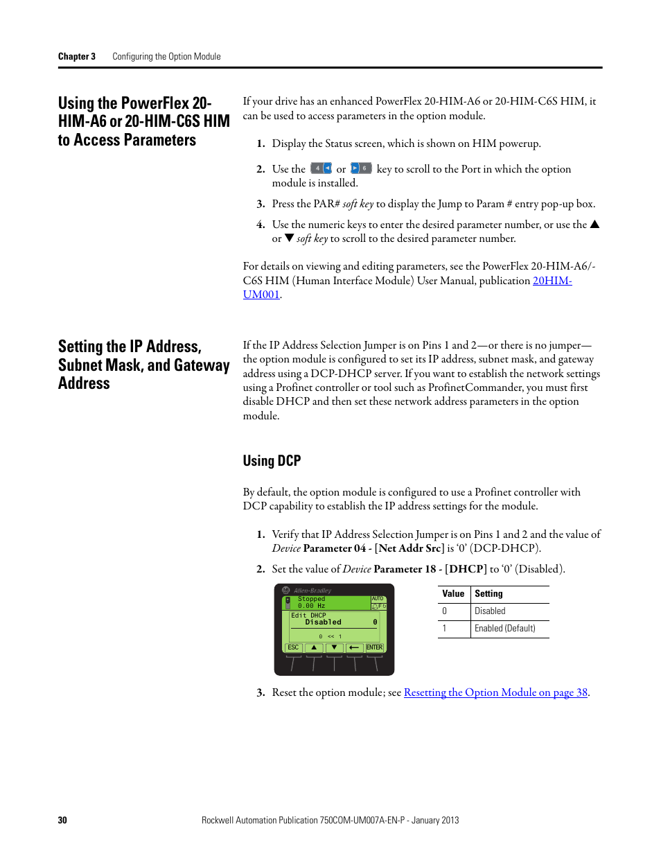 Using dcp, Using the powerflex 20-him-a6 or 20-him-c6s him to, Access parameters | Rockwell Automation 20-750-PNET2P Profinet Dual Port Option Module User Manual | Page 30 / 100