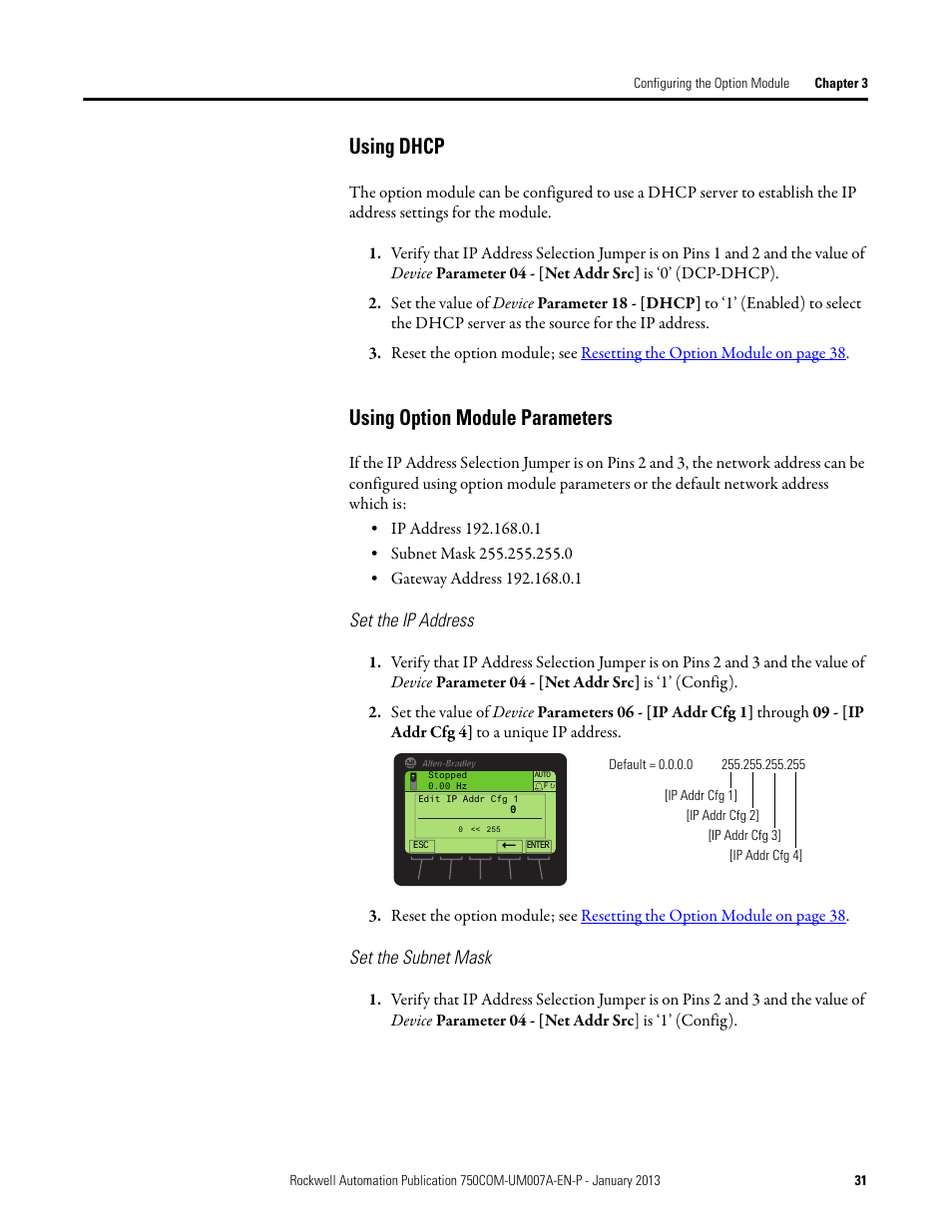Using dhcp, Using option module parameters | Rockwell Automation 20-750-PNET2P Profinet Dual Port Option Module User Manual | Page 31 / 100
